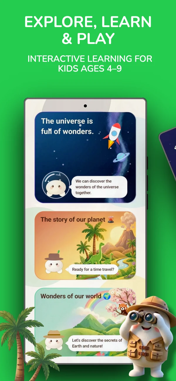 Little Discoveries science learning app on phone with explorer Olli