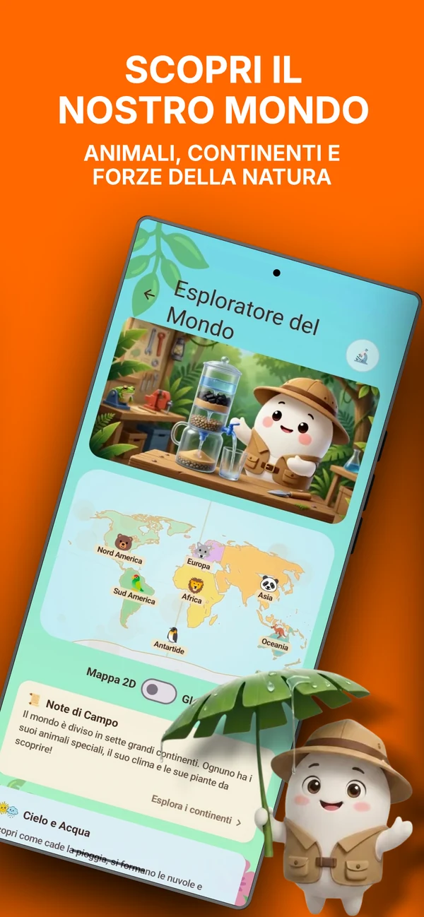 Mappa del mondo, continenti e animali in Piccole Scoperte