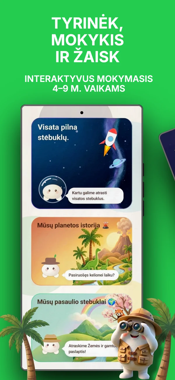 Mažieji Atradimai edukacinė mokslo programėlė vaikams su tyrinėtoju Oliu